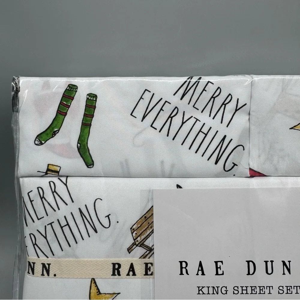 4pc Rae Dunn Christmas Merry Everything KING Sheet Set Santa Reindeer Snowman